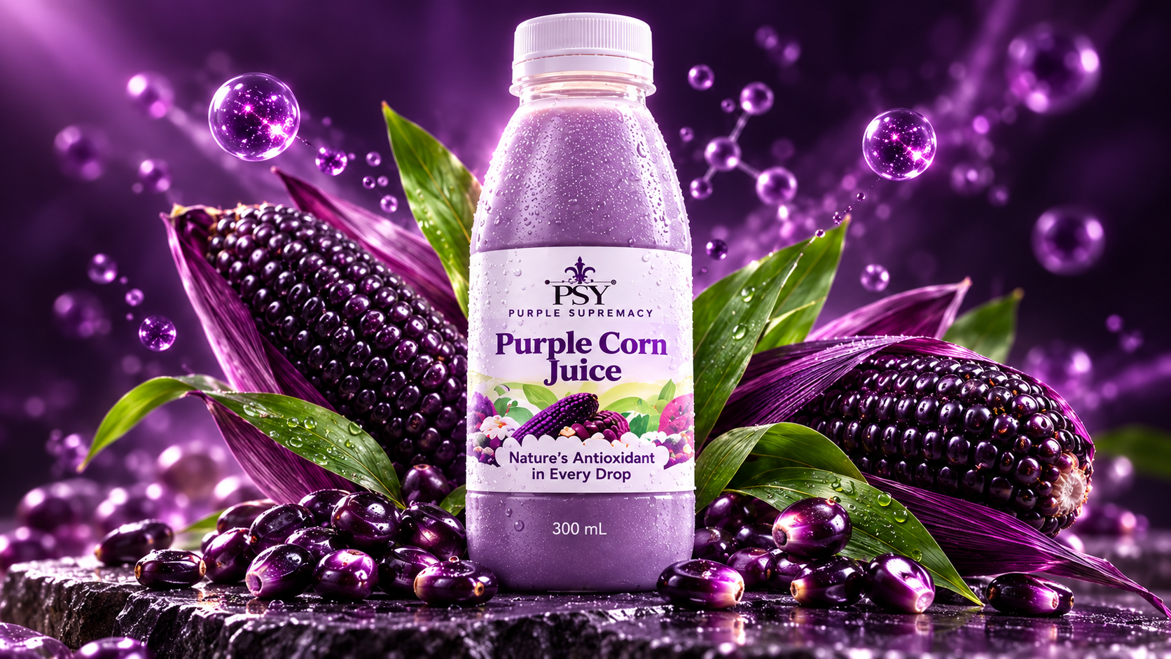 PSY Purple Corn Juice bottle with purple corn